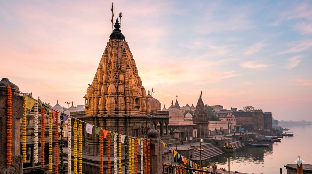 Mahakaleshwar Temple wedding blessing site, Ujjain Jyotirlinga shikhara at sunrise