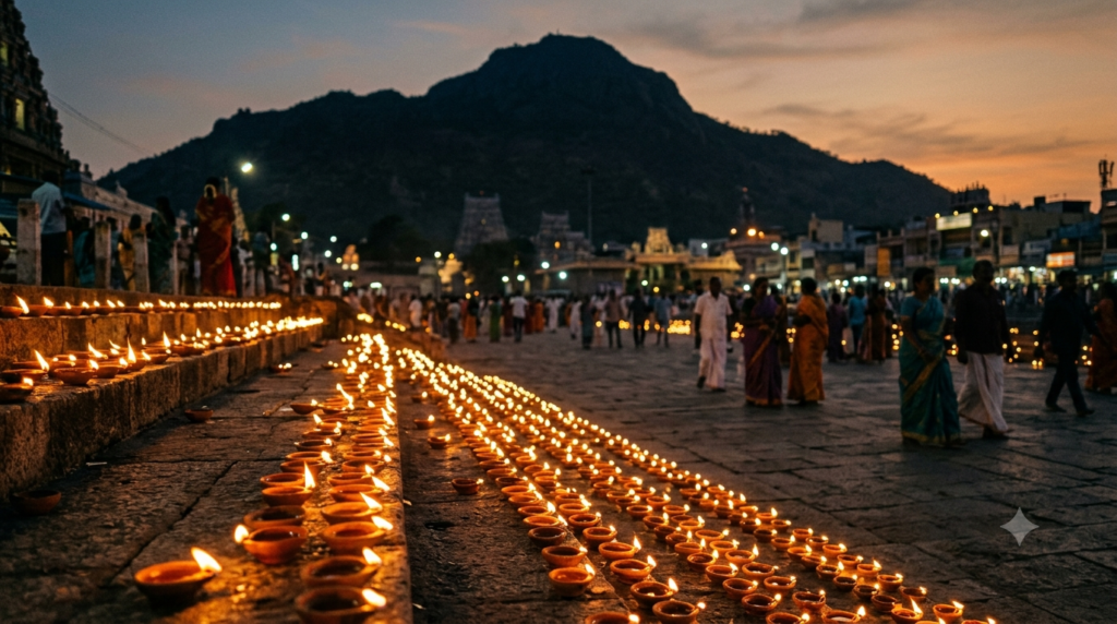 Tiruvannamalai Karthigai Deepam 2026 lamps with Arunachala hill at dusk