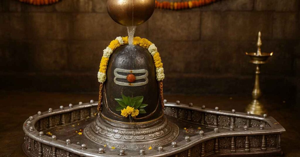 Shiva Lingam at Mahakaleshwar Temple during Jalabhishek ritual with holy water pouring from a brass pot.