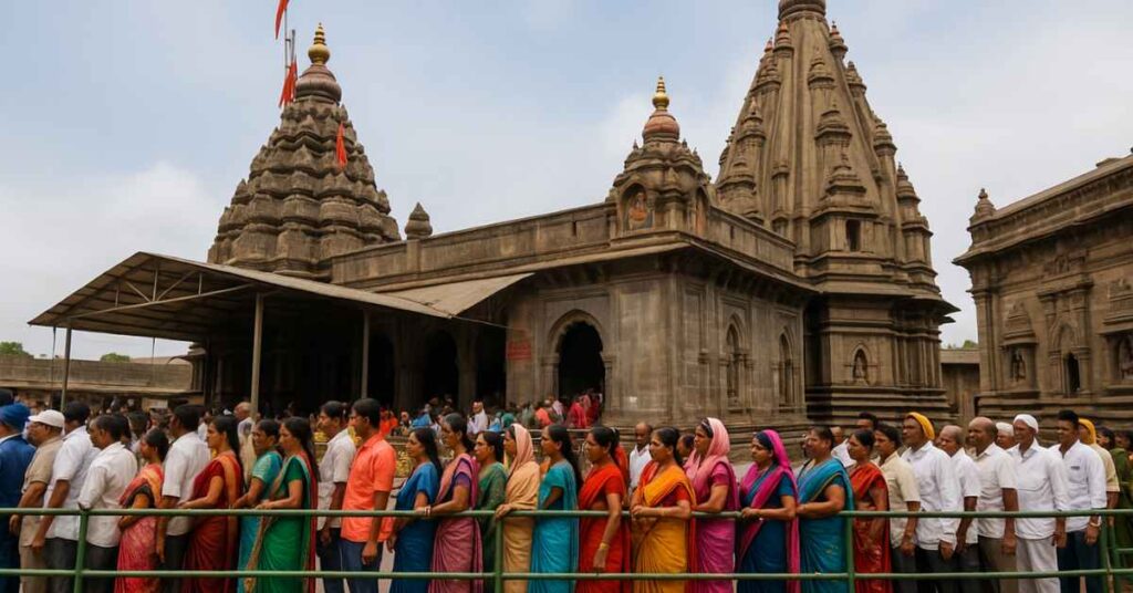 Devotees standing in a long queue outside the Kolhapur Mahalaxmi Temple for darshan.