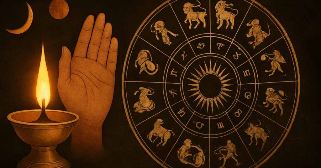 Vedic astrology illustration showing zodiac wheel, diya lamp, hand and celestial elements