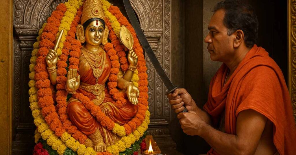 Devotee performing Khadgamala Pooja before the idol of Goddess Kanaka Durga adorned with flowers