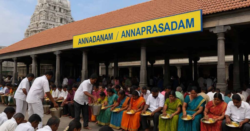 Devotees receiving free annadanam meals at Sri Kalahasti Temple inside the Annaprasadam hall