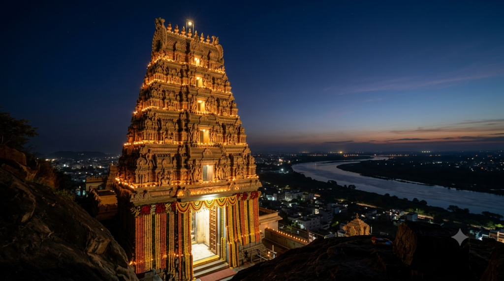 Khadgamala Pooja Kanaka Durga temple gopuram lit before dawn, Indrakeeladri, Vijayawada