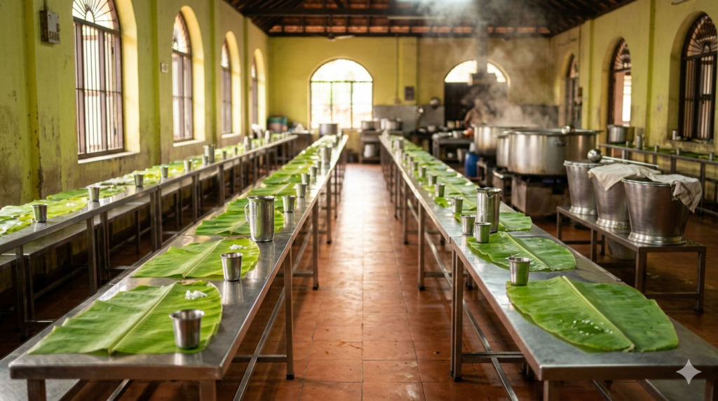 Meenakshi Temple Annadhanam dining hall with banana-leaf meals on tables in Madurai