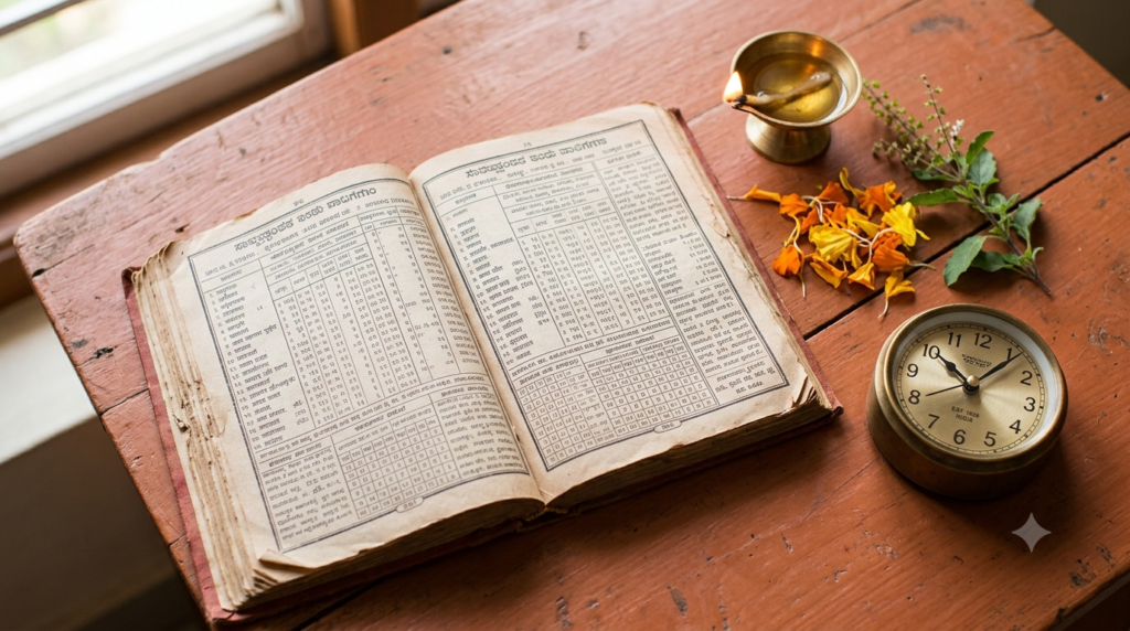 Rahu Kalam Bangalore timings shown with a panchang almanac, clock and brass lamp