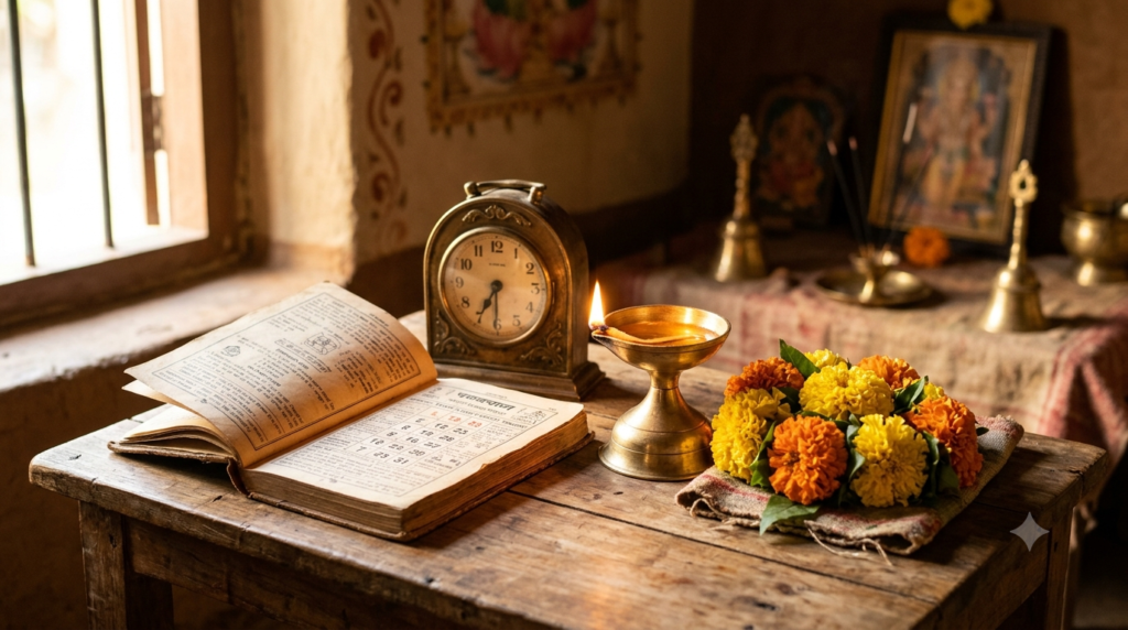 Rahu Kalam Bangalore timings with Hindu Panchang calendar, clock and brass lamp