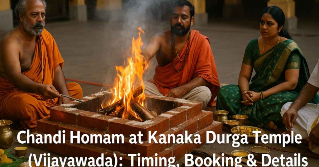 Priests performing Chandi Homam at Kanaka Durga Temple Vijayawada with sacred fire ritual