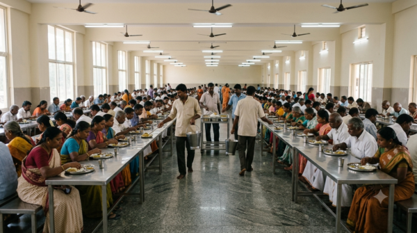Best restaurants in Tirumala: pilgrims eating free vegetarian meals in a TTD Annaprasadam dining hall