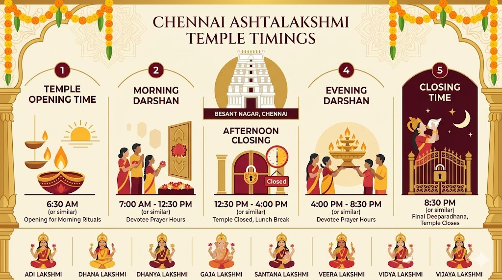 Chennai Ashtalakshmi Temple timings darshan schedule infographic