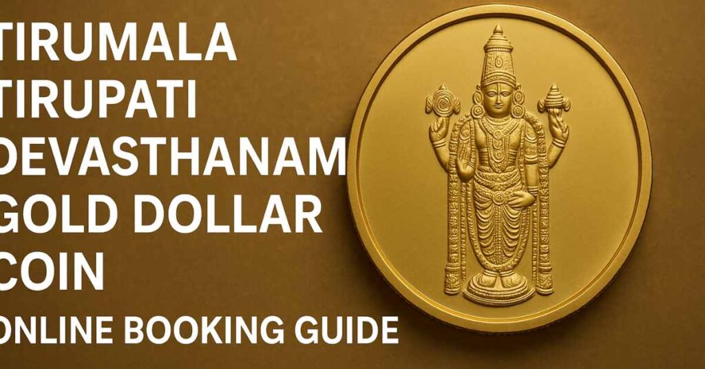 Gold dollar coin of Tirumala Tirupati Devasthanam with Lord Venkateswara embossed, used for online booking guide.