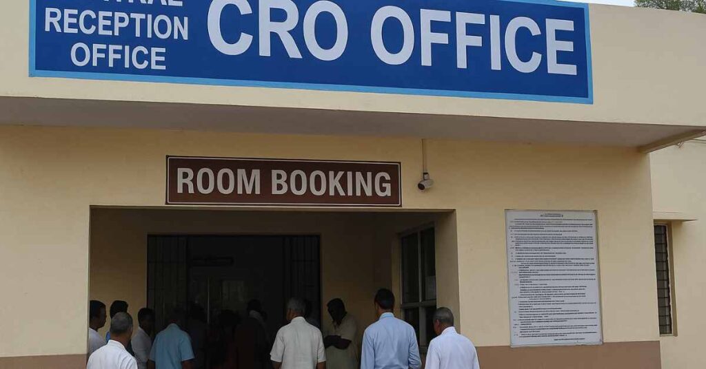 CRO Office Tirumala room booking entrance with pilgrims waiting outside