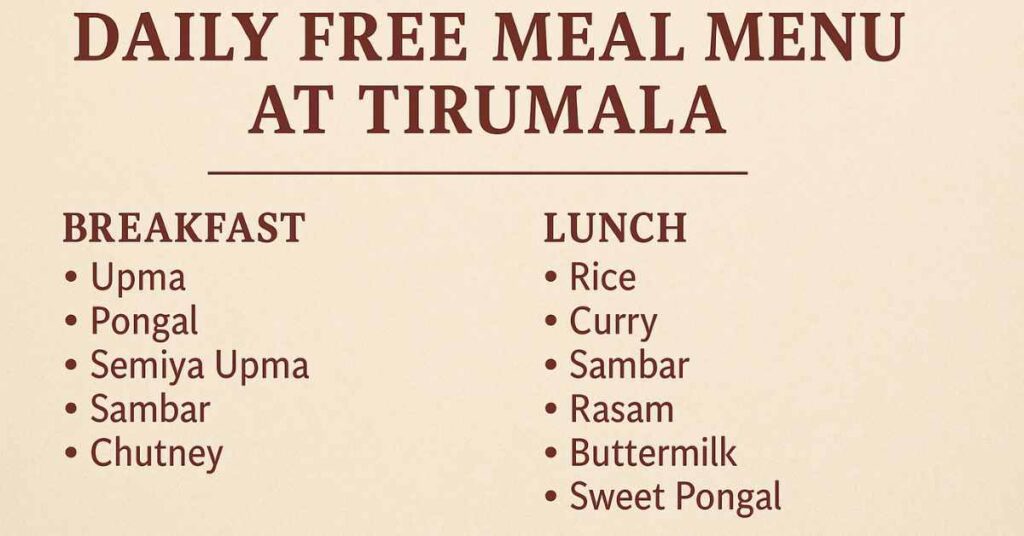 Daily free meal menu at Tirumala with breakfast, lunch, and dinner items served at the TTD Annaprasadam complex.