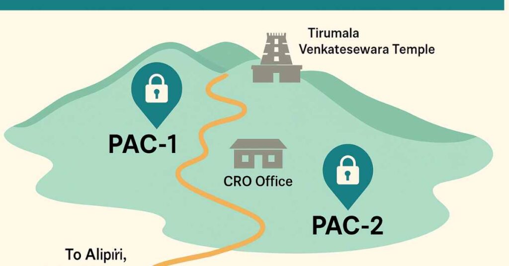 Infographic map showing free locker locations at Tirumala, highlighting PAC-1 and PAC-2 with icons, the CRO Office, the Tirumala Temple, and pathways for pilgrims.