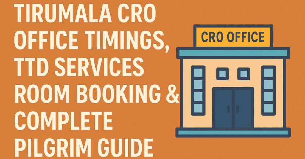 Tirumala CRO Office building illustration with text about TTD timings and room booking guide