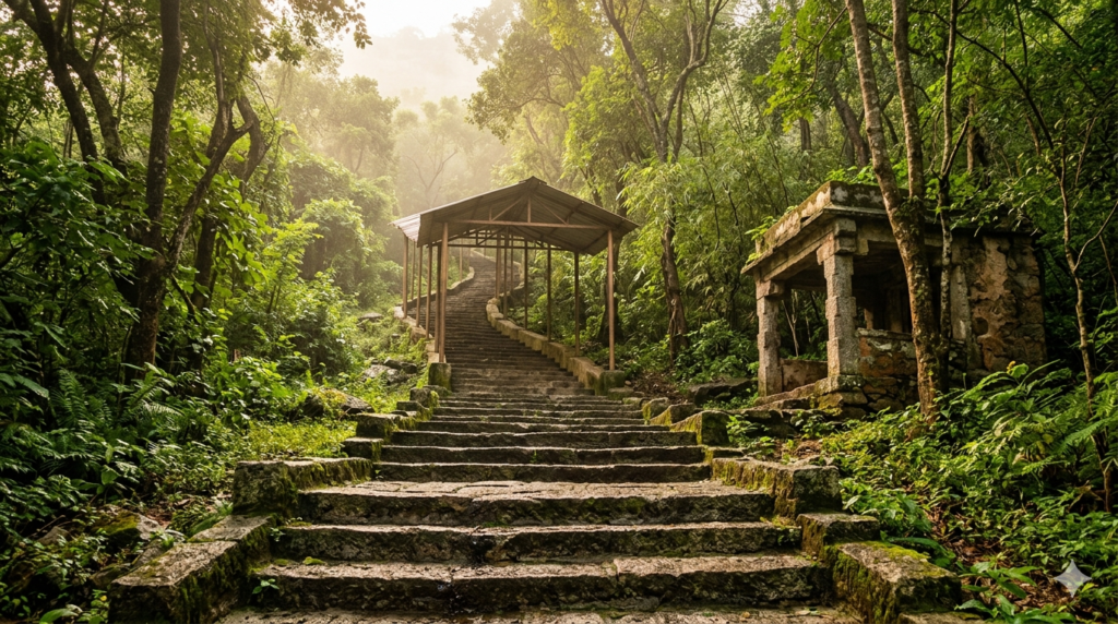 Mokalla Parvatham Tirumala steep stone steps rising through forest on the Alipiri footpath