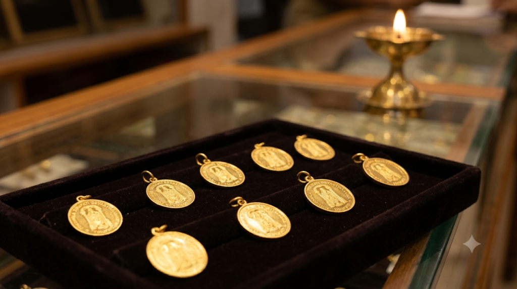 TTD gold dollar coins displayed at an official Tirumala temple sales counter