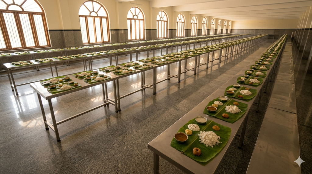 Tirumala free meal served on banana leaves inside the Vengamamba Annaprasadam dining hall