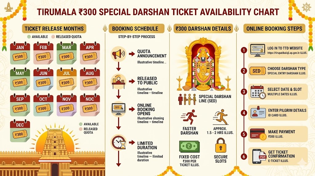 Tirumala ₹300 Special Darshan ticket availability chart infographic