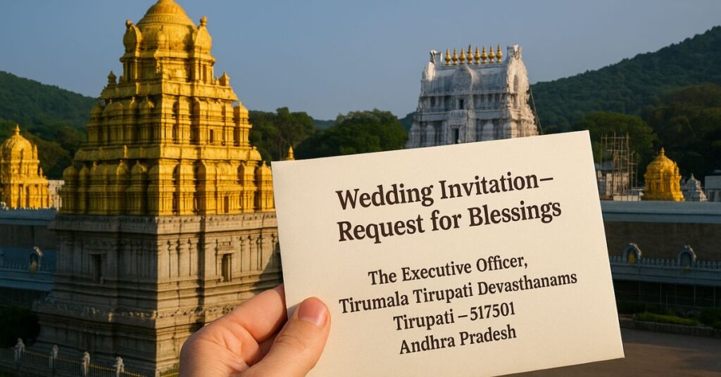 Hand holding a wedding invitation addressed to Tirumala Tirupati Devasthanams with Tirumala temple gopurams in the background.
