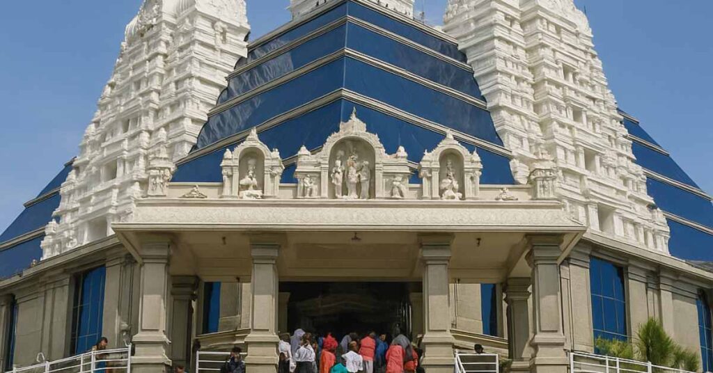 ISKCON Temple Bangalore entrance with devotees during VIP Darshan