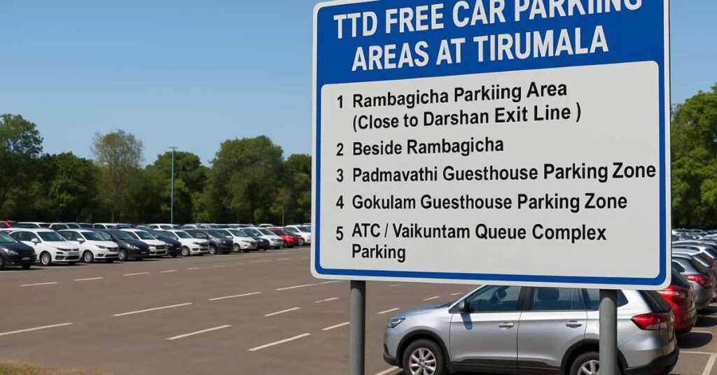 TTD free car parking areas at Tirumala with listed parking zones on signboard