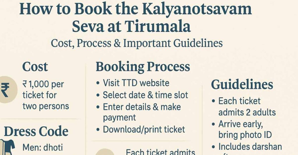 Infographic explaining the Kalyanotsavam Seva booking process at Tirumala, including cost, dress code, step-by-step booking, and important guidelines.