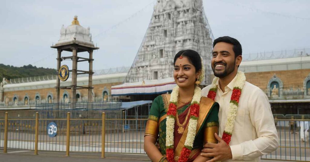 Newly married Indian couple at Tirumala Temple seeking darshan blessings