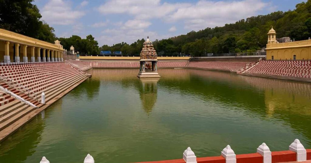 Swami Pushkarini holy pond at Tirumala with traditional ghats and pavilion in the center