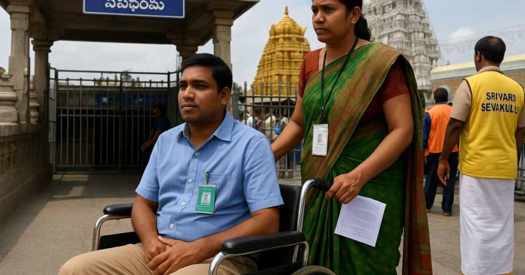 “Physically disabled devotee in wheelchair entering TTD Supadham entrance for special darshan at Tirumala”