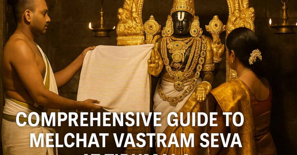 Priest offering Melchat Vastram cloth to Lord Venkateswara during Tirumala Seva ritual