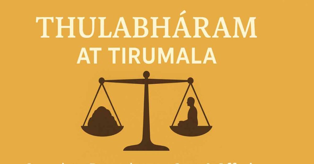 Infographic showing the Thulabhāram ritual at Tirumala with a weighing scale symbolizing the offering made equal to a devotee’s body weight.