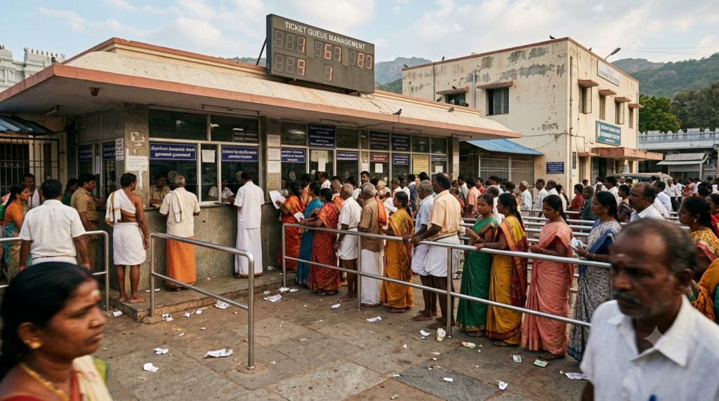 Offline spot lucky dip enrolment counter with pilgrims queuing at the Tirumala CRO complex