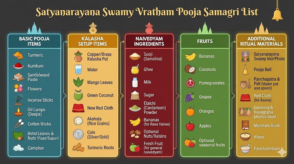 Satyanarayana Swamy Vratham pooja samagri list infographic