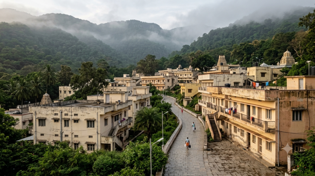 Tirumala accommodation cancellation refund guide — TTD guest-house cottages on the hill at dawn
