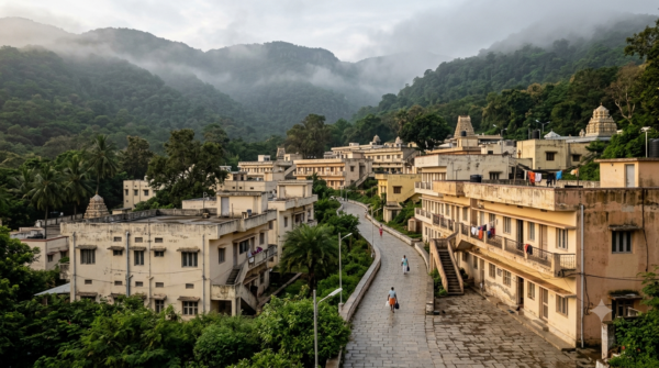 Tirumala accommodation cancellation refund guide — TTD guest-house cottages on the hill at dawn