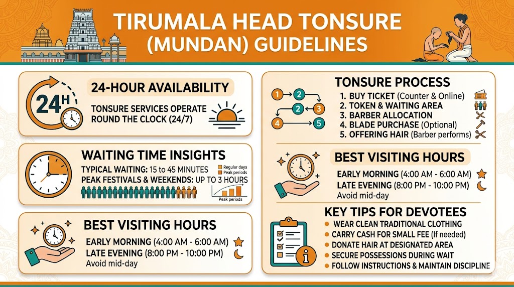 Tirumala head tonsure timings and Kalyanakatta process infographic