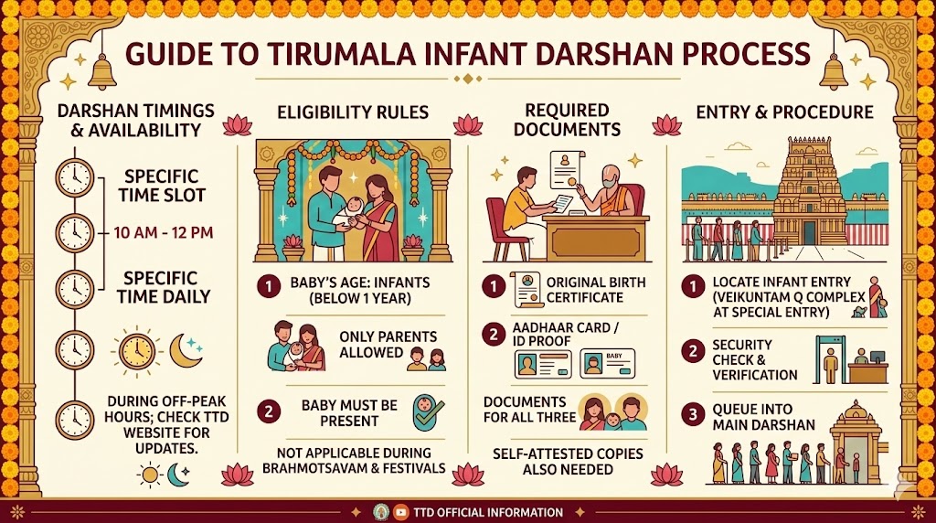 Tirumala infant darshan timings booking procedure and rules infographic