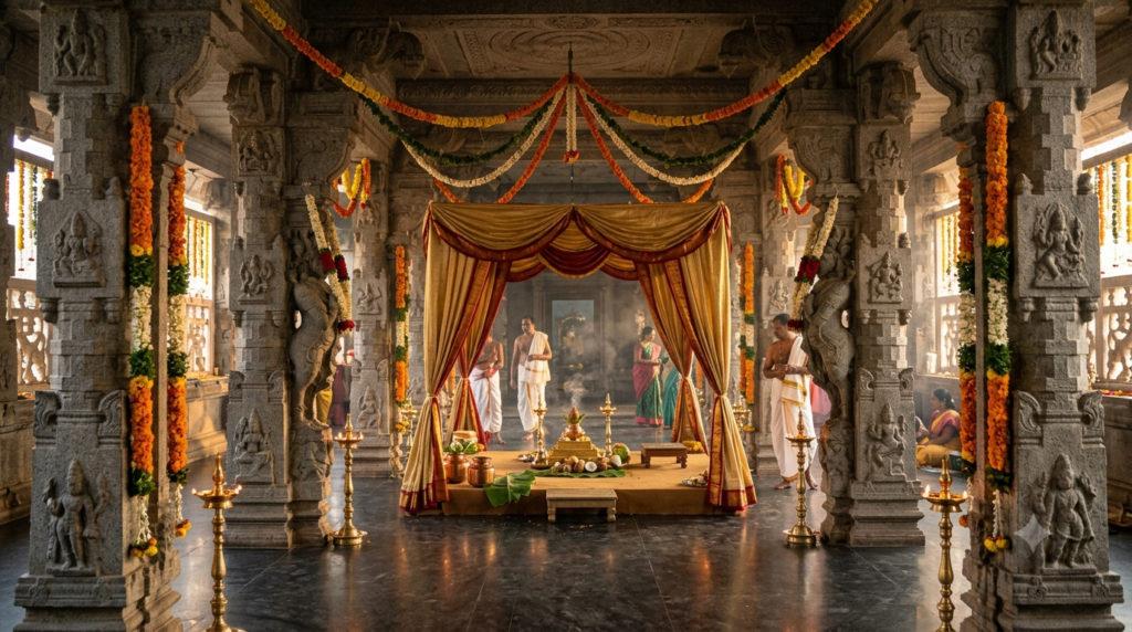 Tirumala Kalyanotsavam Seva decorated temple wedding pavilion with garlands and brass lamps
