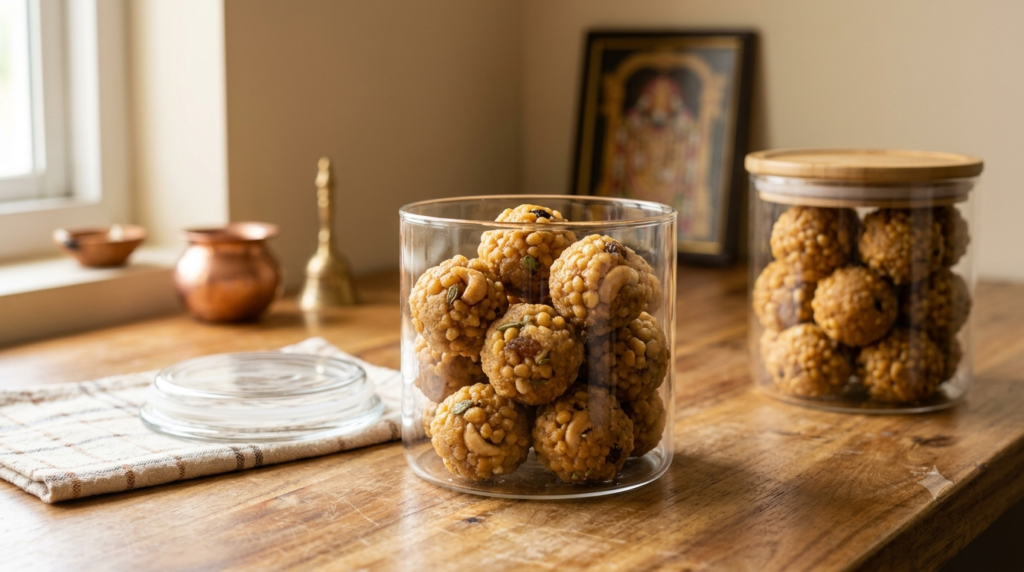 Tirumala laddu storage in a clean dry covered container
