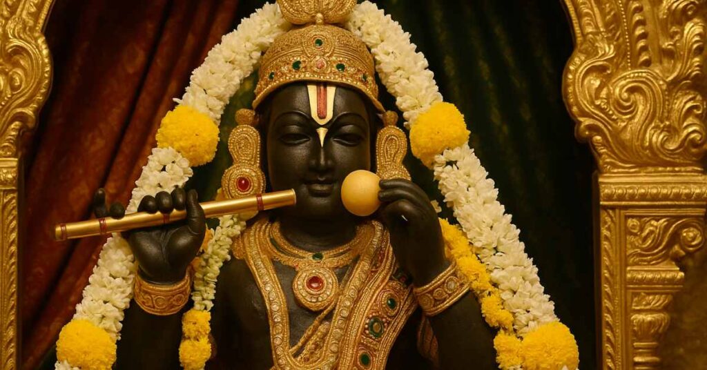 Lord Krishna idol with butter offering during Navaneetha Seva at Tirumala temple