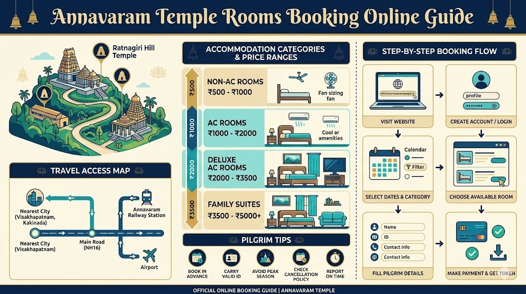 Annavaram temple rooms booking online steps and accommodation cost infographic