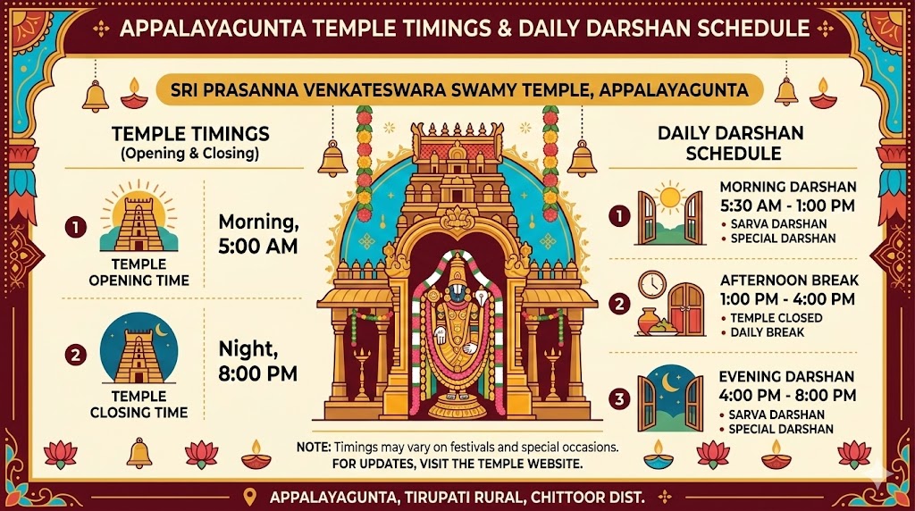 Appalayagunta temple timings opening and closing schedule infographic