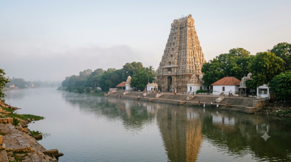 Bhadrachalam Temple timings guide - gopuram on the Godavari riverbank at sunrise
