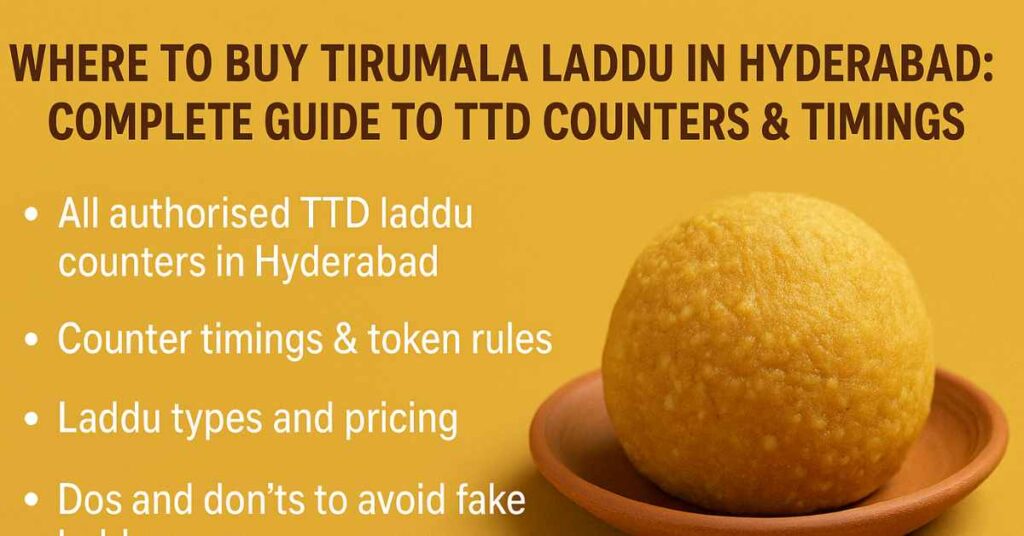 Tirumala Laddu on a plate with Hyderabad TTD counter guide infographic