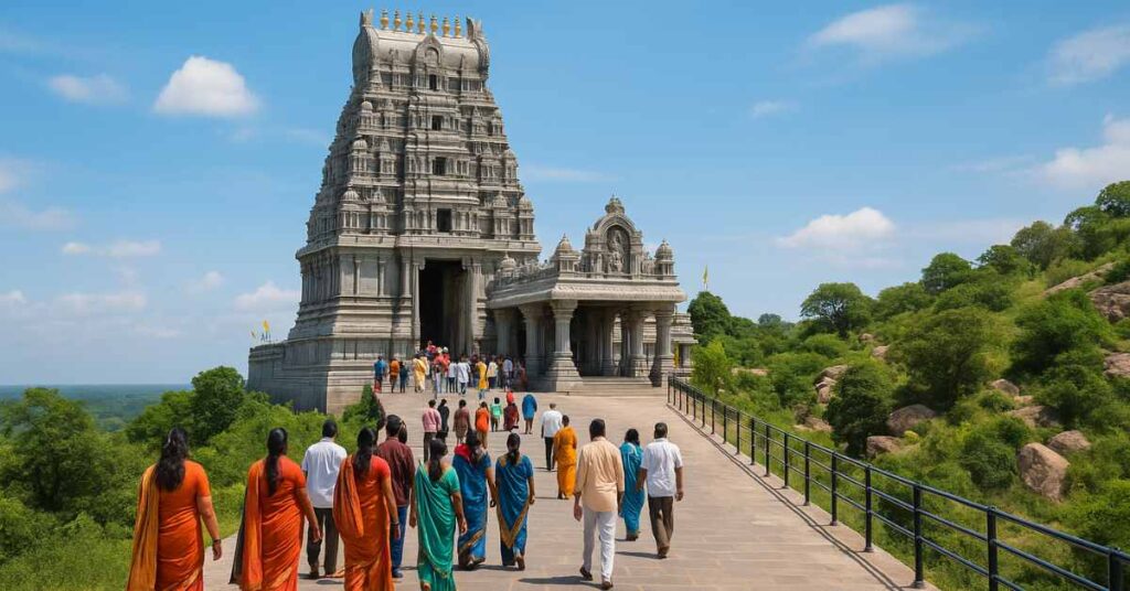 Devotees walking toward the Yadagirigutta Sri Lakshmi Narasimha Swamy Temple for special darshan on a sunny day