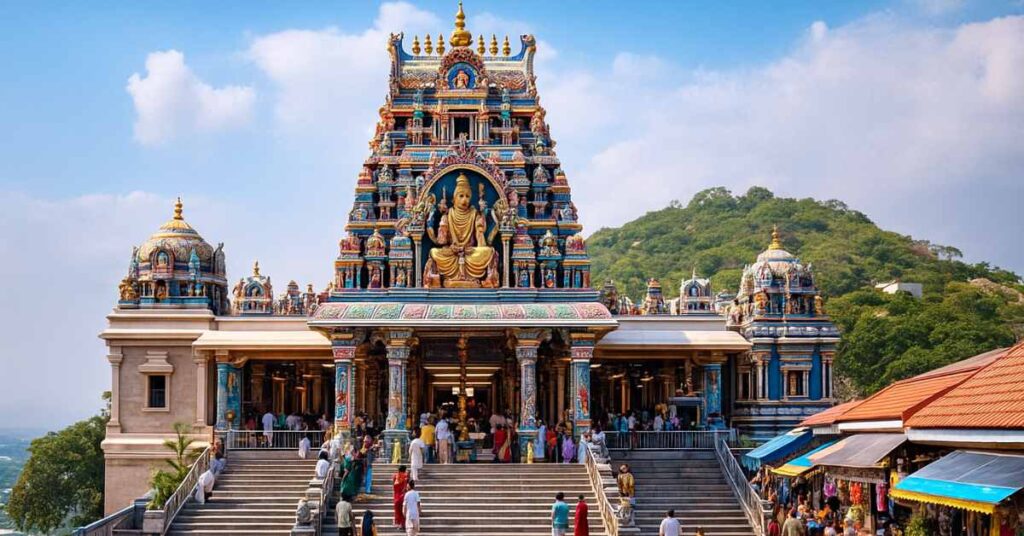 “Tiruttani Murugan Temple gopuram and entrance in bright daylight with devotees climbing the steps”