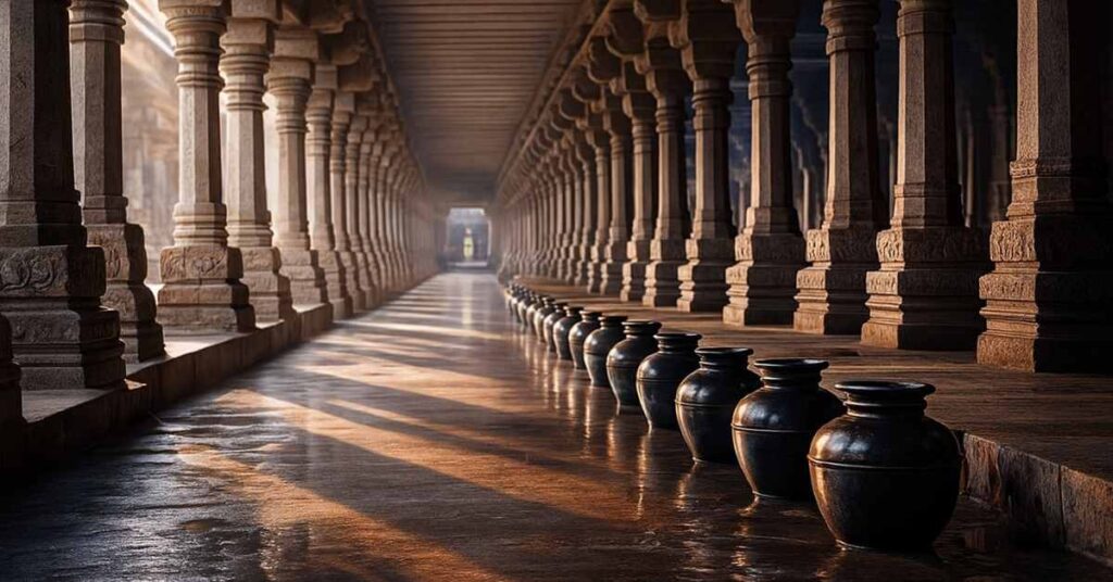 Ramanathaswamy Temple corridor with water pots representing the 22 Wells ritual in Rameswaram.