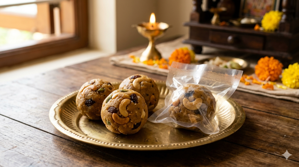 Authentic Tirumala laddu in Chennai shown in sealed TTD vacuum packaging on a brass plate