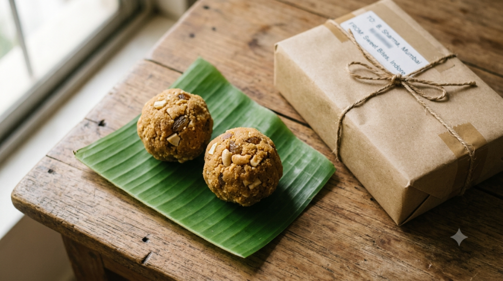 Authentic Tirumala laddu in Hyderabad shown as golden laddus beside a sealed TTD prasadam box